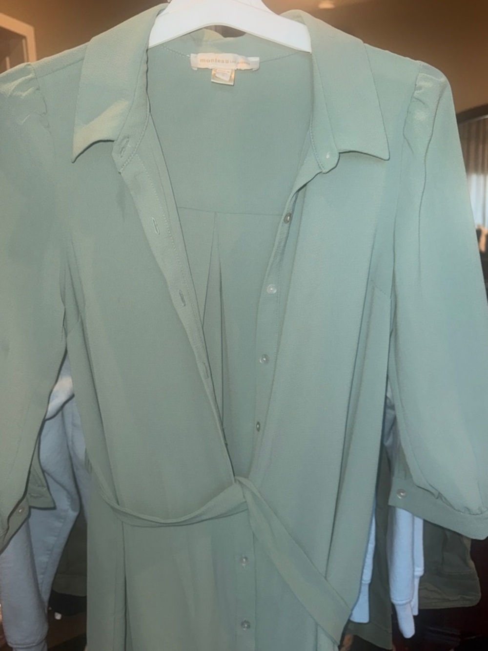 Monteau Pale Mint Button-Down Tie-Waist Dress